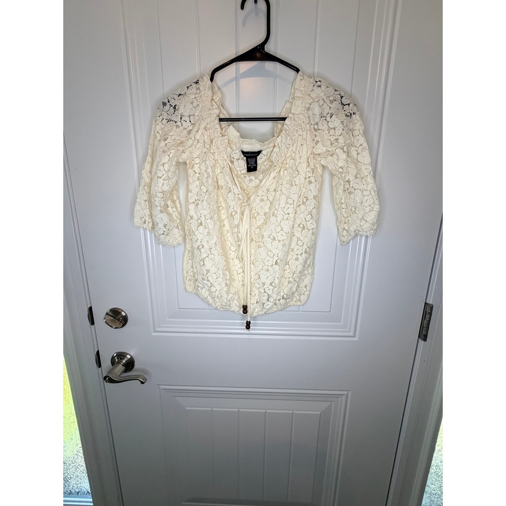 Moda International Ivory Floral Lace Off Shoulder Lace Up Boho Top XS